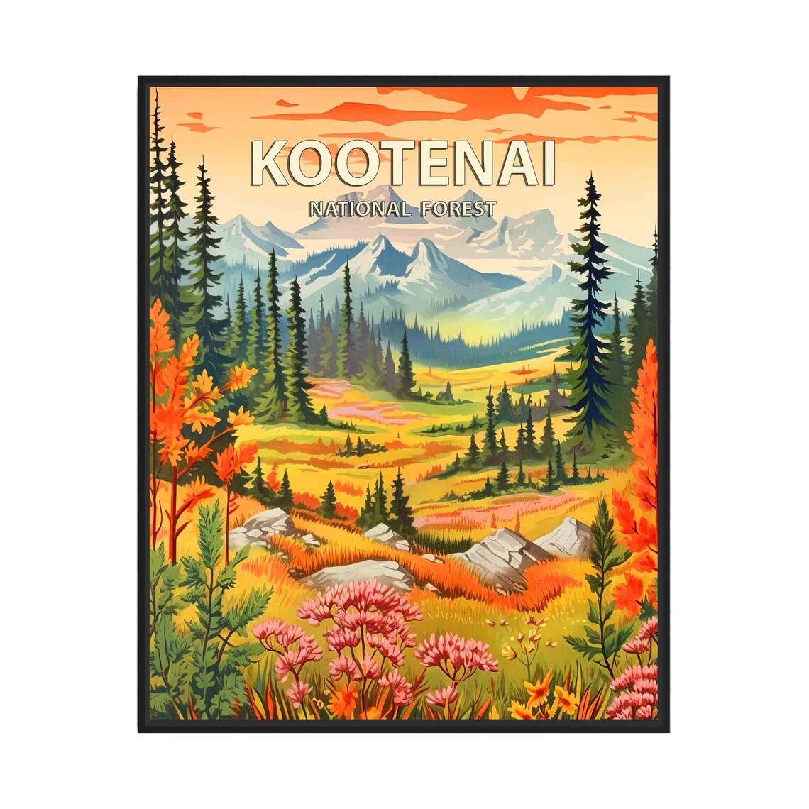 Kootenai National Forest Golden Sunset Valley Retro Travel Poster