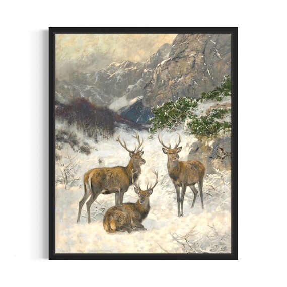 Red Deer Herd Gathering Snowy Winter Mountains Vintage Art Poster
