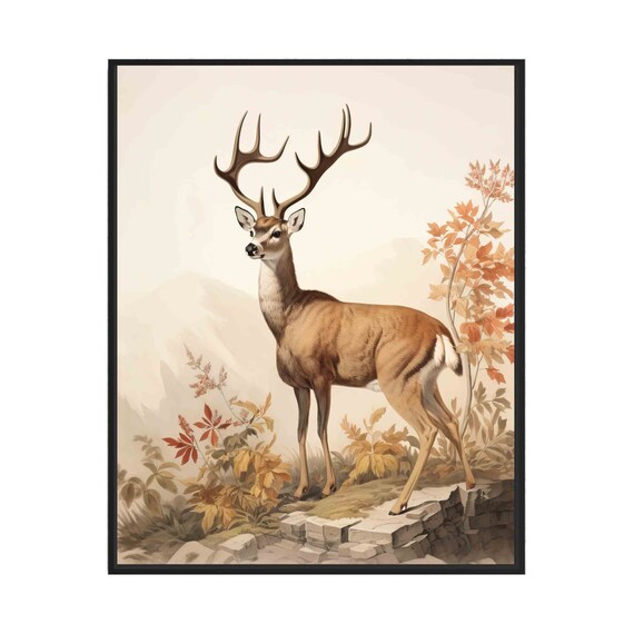 Vintage Stag Deer Autumn Foliage Naturalist Wildlife Art Poster