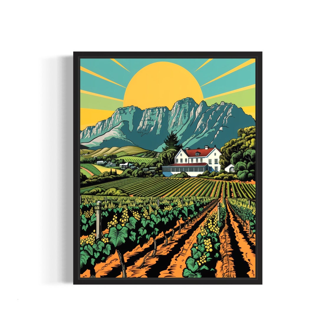 Cape Winelands Vineyard Estate Beneath Blue Mountains Poster