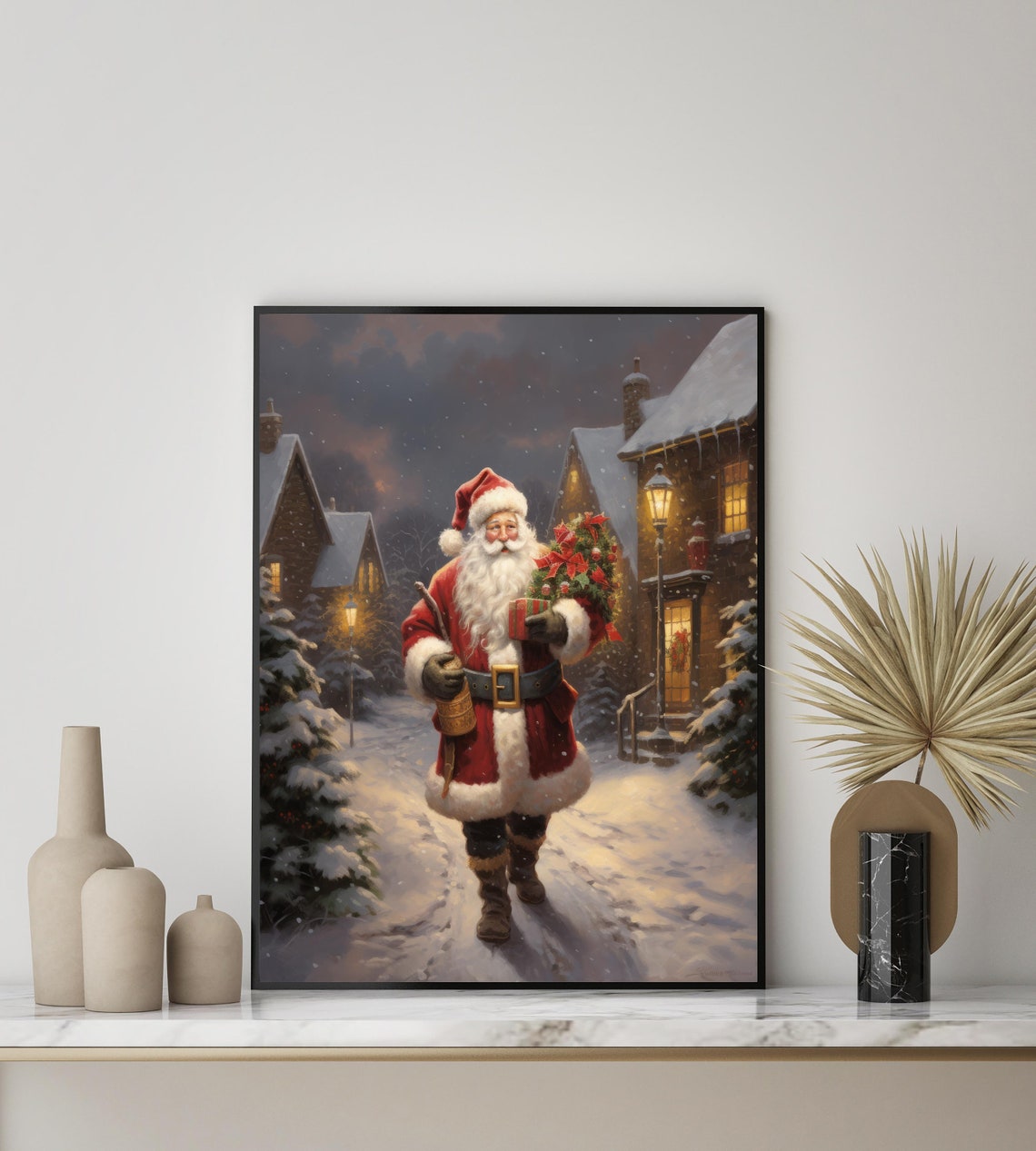 Santa Claus Walking Snowy Village Lane with Wreath Christmas Poster - Image 2