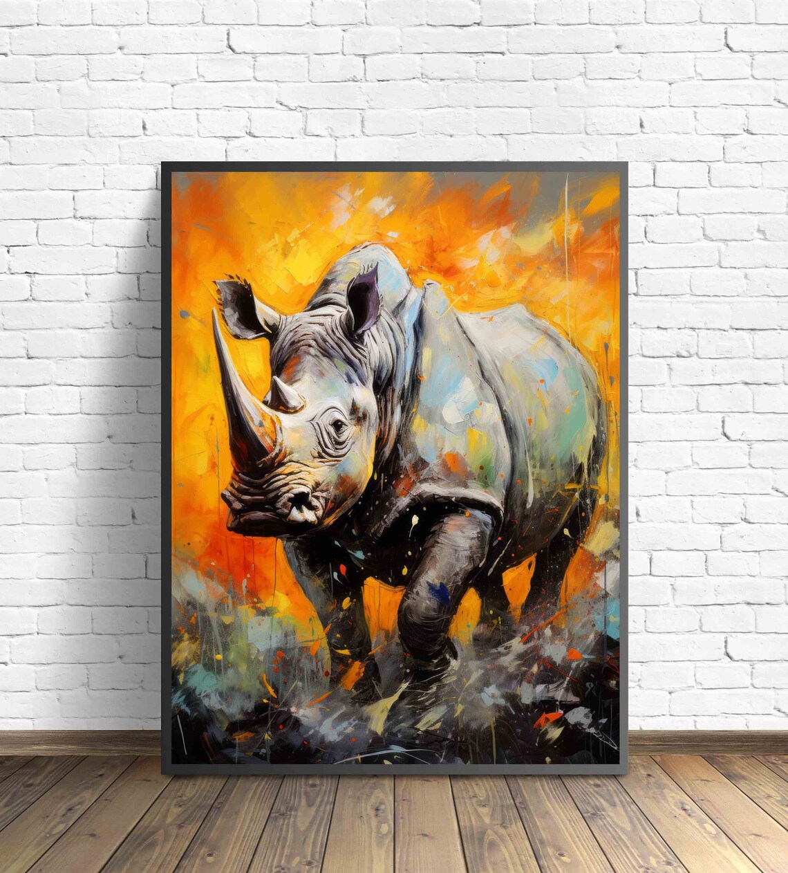 Charging Rhino Abstract Wildlife Painting Fiery Orange Wall Art - Image 3