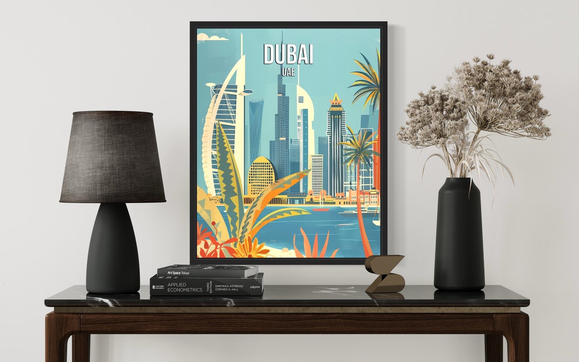 Dubai UAE Skyline Burj Khalifa Palms Waterfront Vintage Travel Poster - Image 2