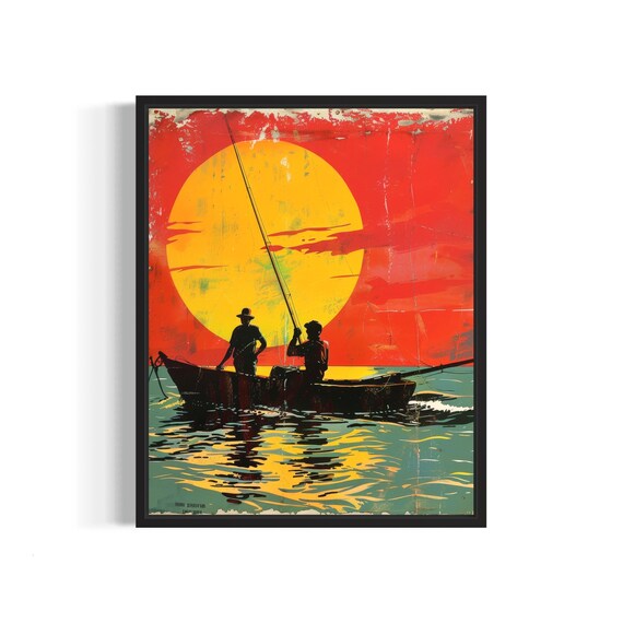 Sunset Fishing Boat Silhouette Retro African Fishermen Poster