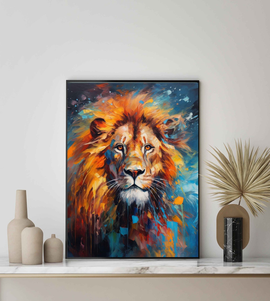 Majestic Lion Portrait in Fiery Abstract Expressionist Art Print - Image 2