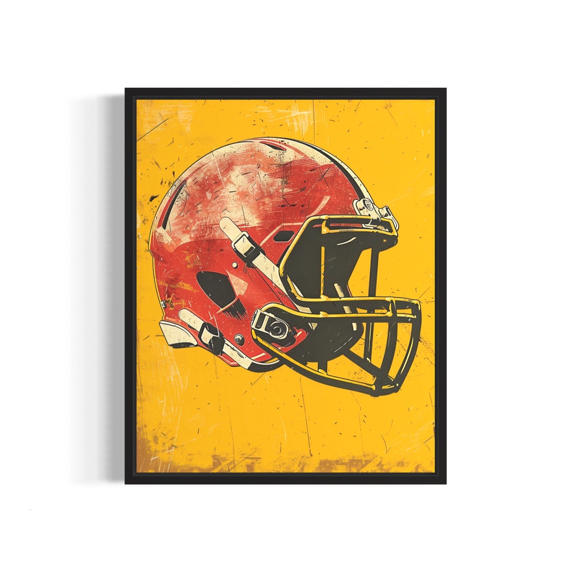 Vintage Red Football Helmet Poster on Distressed Yellow Backdrop