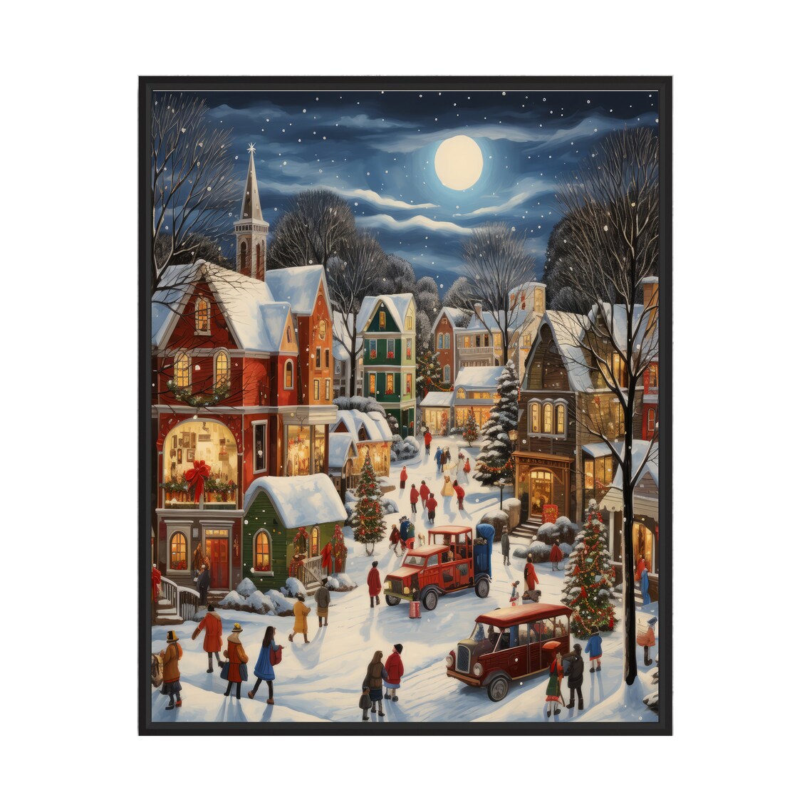 Moonlit Christmas Small Town Snowy Square Vintage Cars Poster