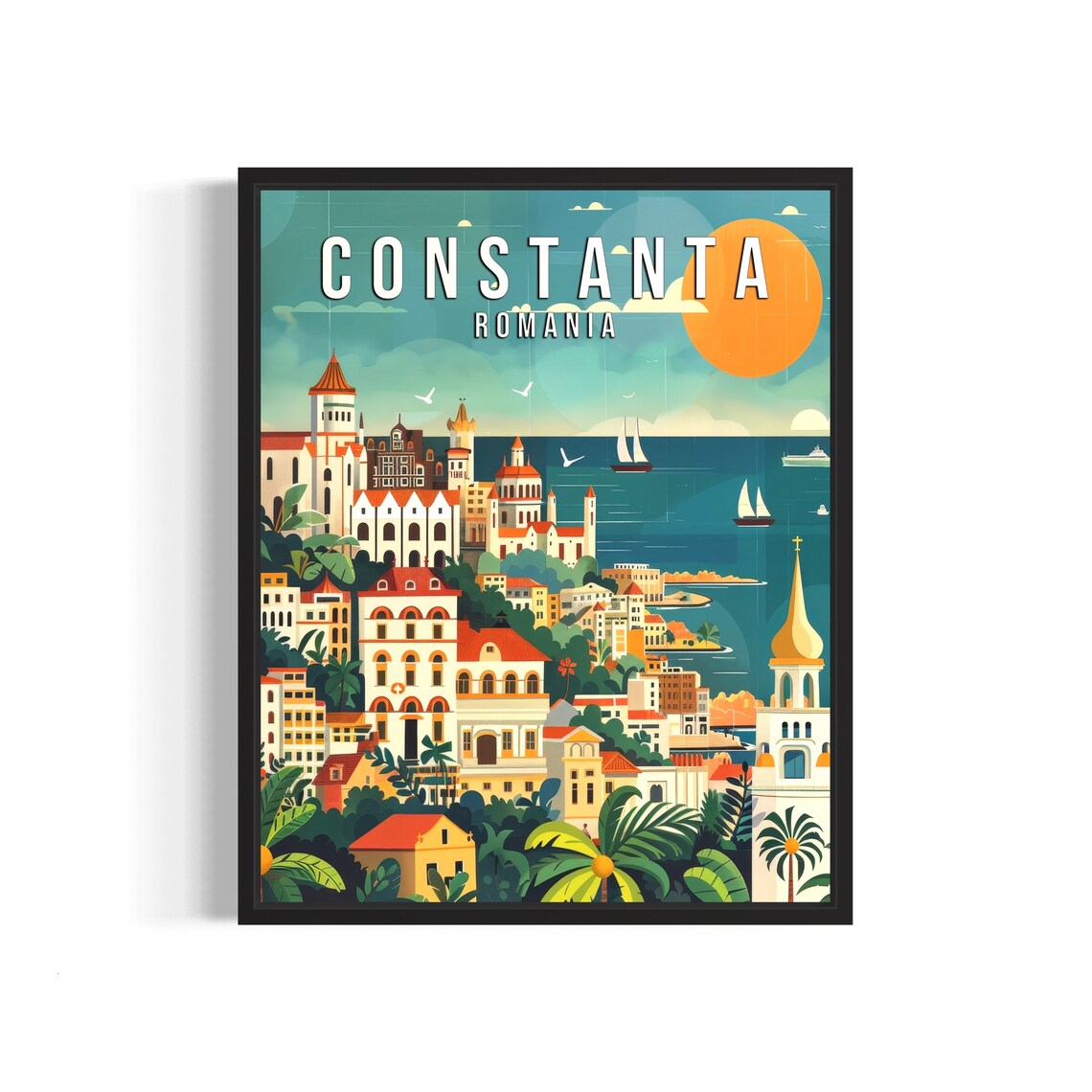 Constanta Romania Harbor Cityscape With Sailboats at Sunset Poster