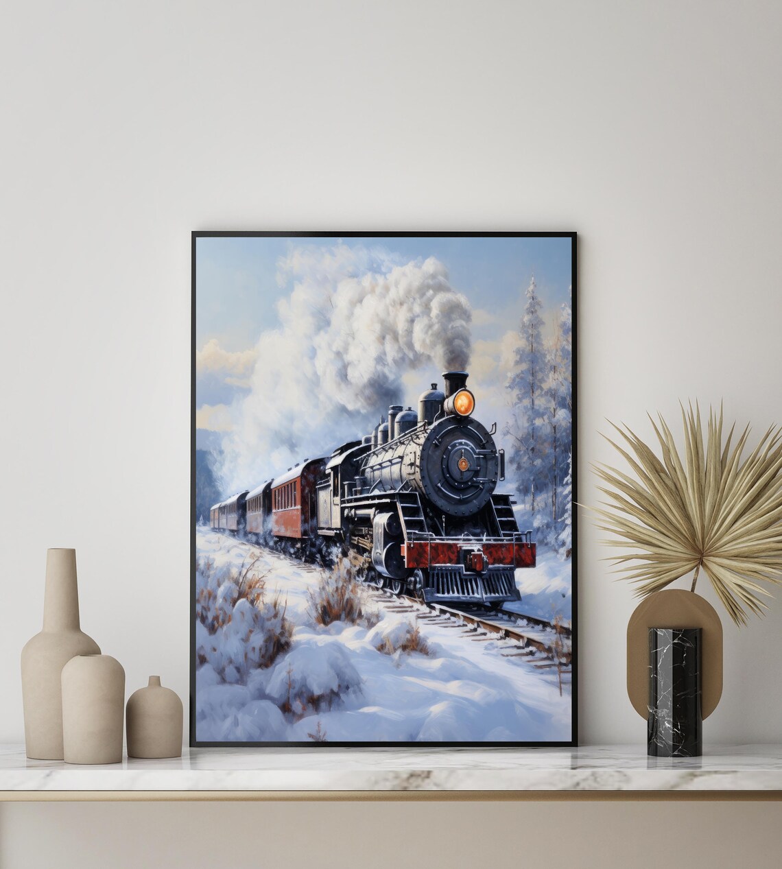 Vintage Steam Locomotive in the Snow Winter Railroad Art Poster - Image 2