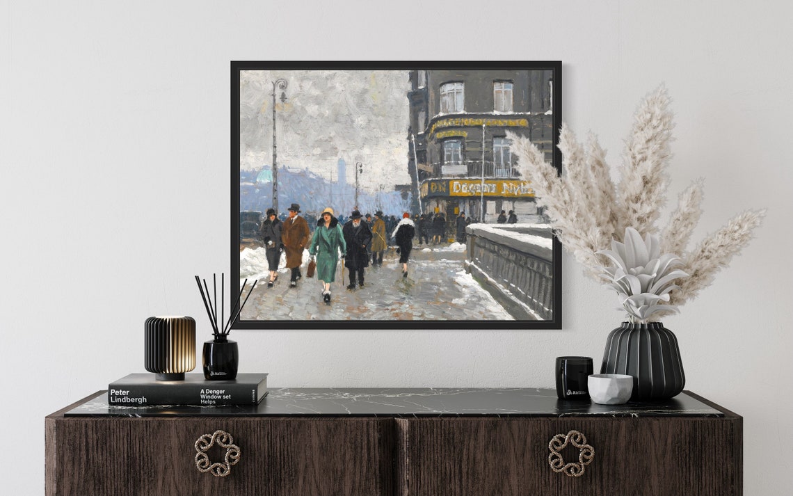 Vintage Winter City Street Scene Danish Newspaper Corner Poster - Image 2