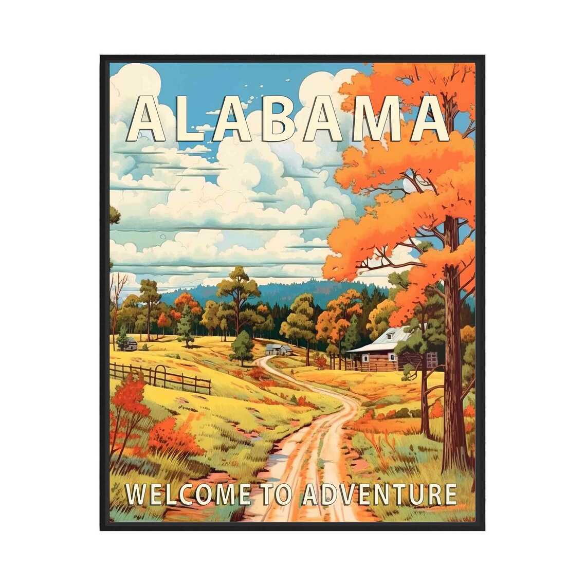 Alabama Autumn Country Road Farm Cabin Vintage Travel Poster