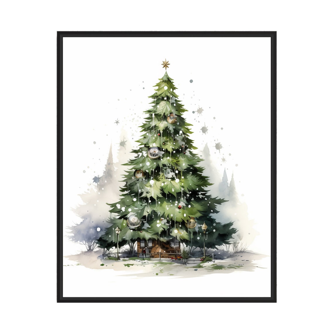 Minimal Watercolor Christmas Tree with Gold Star Topper Poster Art