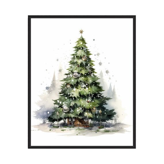 Minimal Watercolor Christmas Tree with Gold Star Topper Poster Art