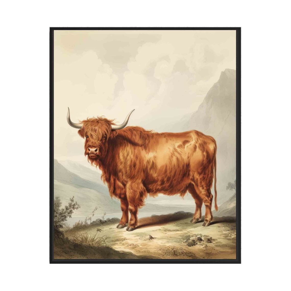 Highland Cow in Scottish Hills Majestic Vintage Cattle Art Poster