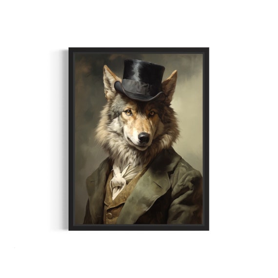 Gray Wolf Gentleman in Top Hat Vintage Animal Portrait Print