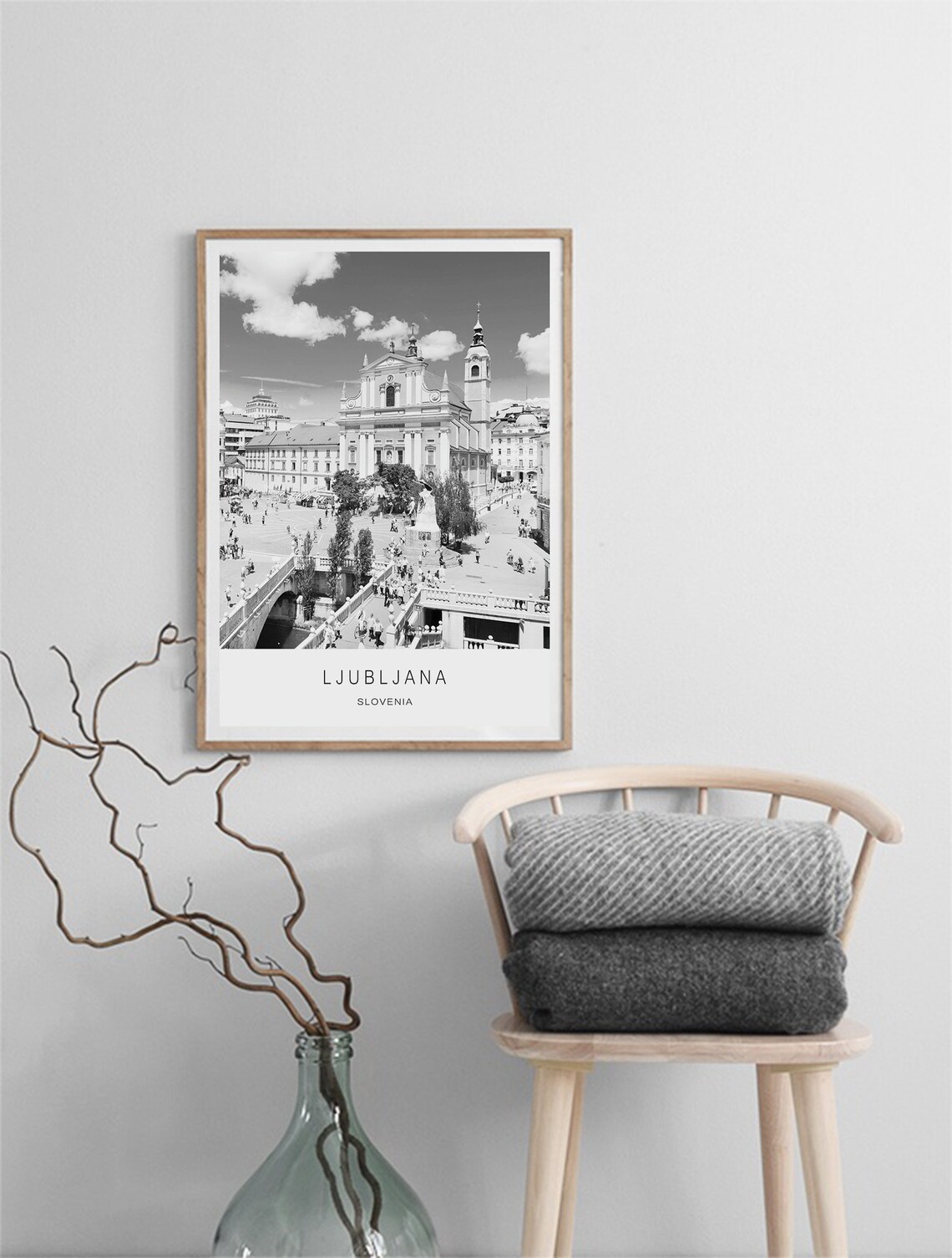 Ljubljana Slovenia Black and White Old Town Square View Poster - Image 2