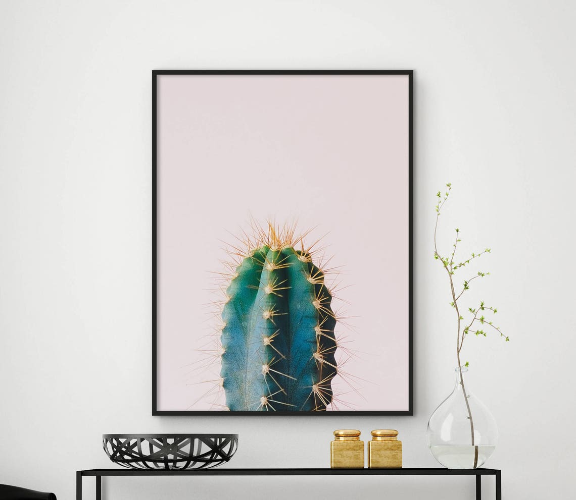 Teal Cactus on Blush Pink Background Modern Botanical Poster