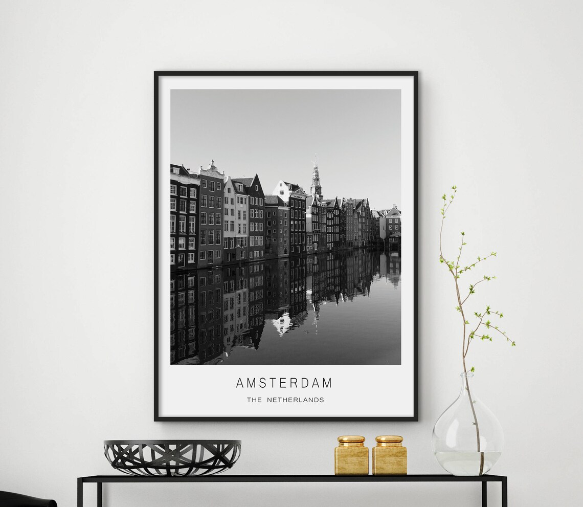 Amsterdam Netherlands Black and White Canal Houses Photography Poster