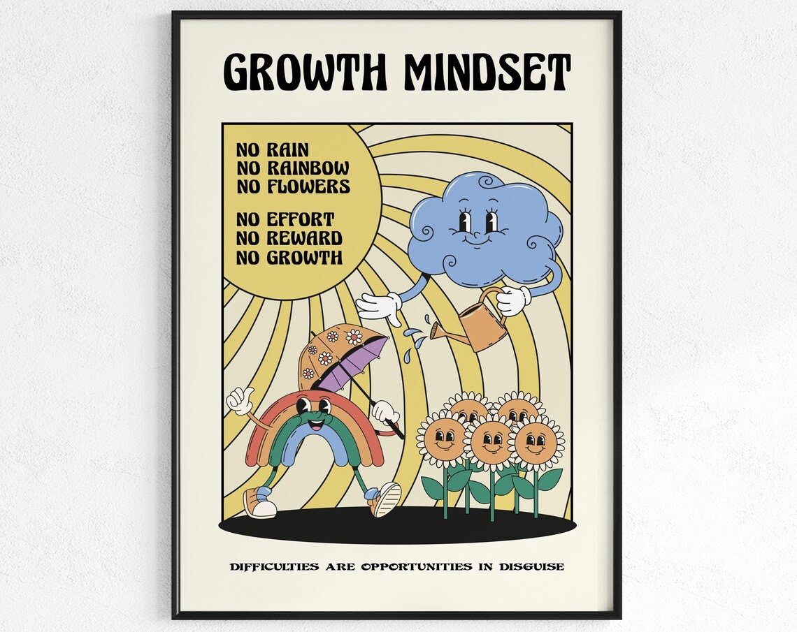 Growth Mindset No Rain No Rainbow Retro Poster