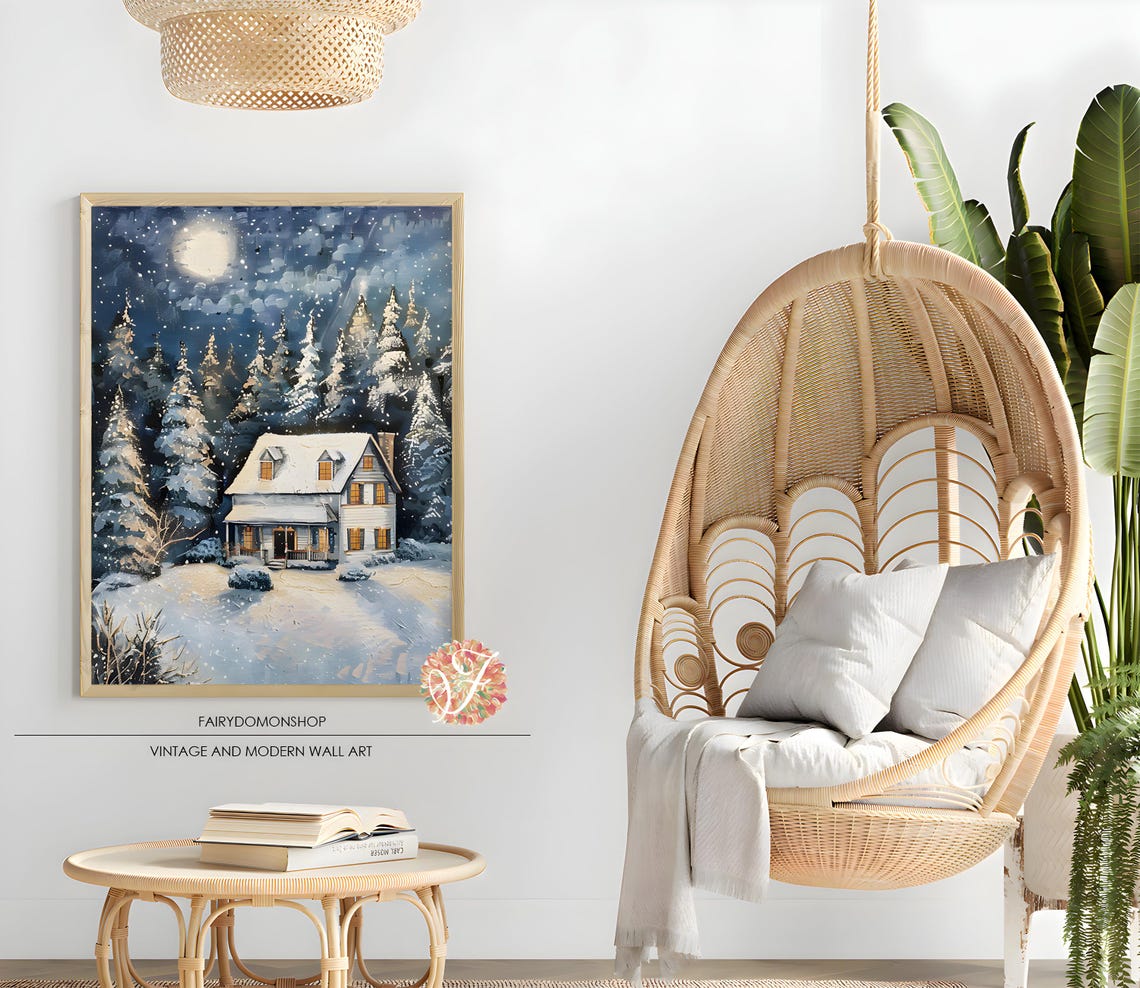 Snowy Farmhouse Moonlit Night Poster Winter Forest Christmas Decor Art - Image 2