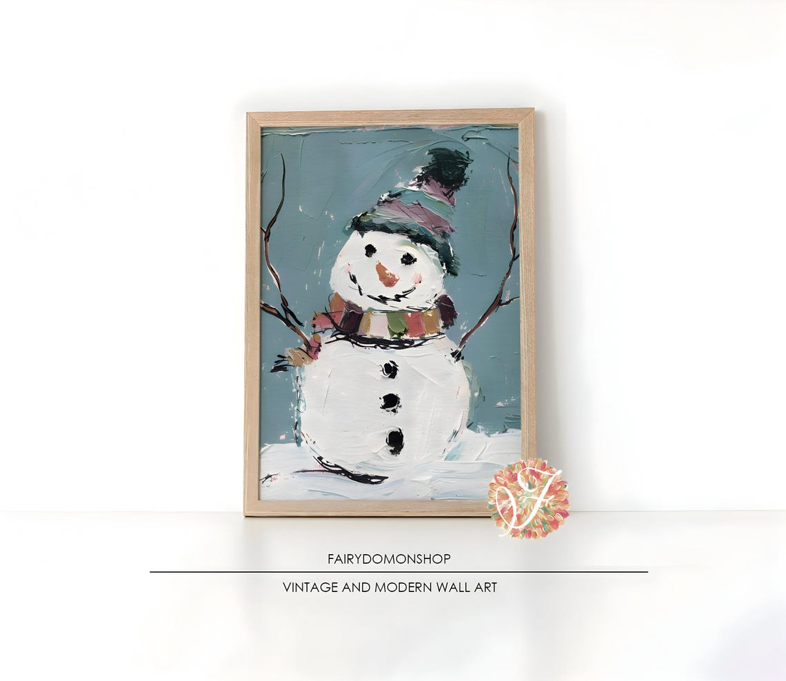 Smiling Snowman Impasto Poster Cheerful Winter Holiday Kids Room Decor