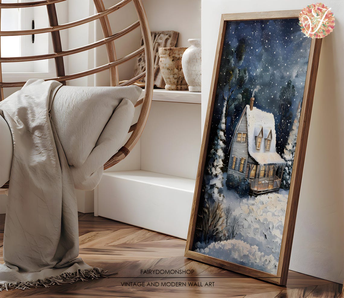 Cozy Cabin Starry Night Poster Snowy Winter Hideaway Holiday Decor Art - Image 3