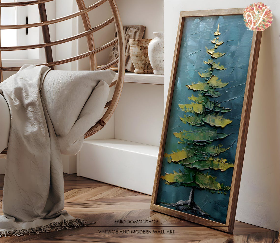 Dark Fir Tree Impasto Poster Moody Green Gold Modern Winter Decor Art - Image 3