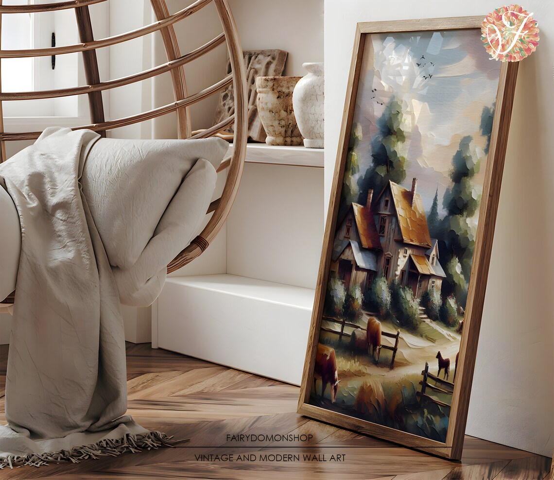 Vintage Farmhouse Cattle Pasture Rustic Barn Oil Painting Poster - Image 3