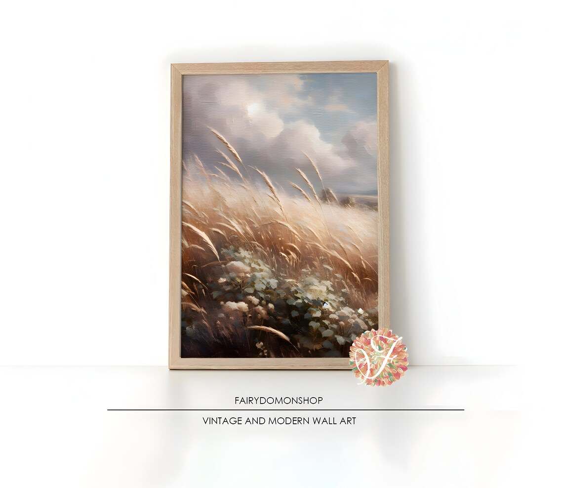 Golden Wheat Field Wildflowers Dramatic Sky Oil Painting Poster