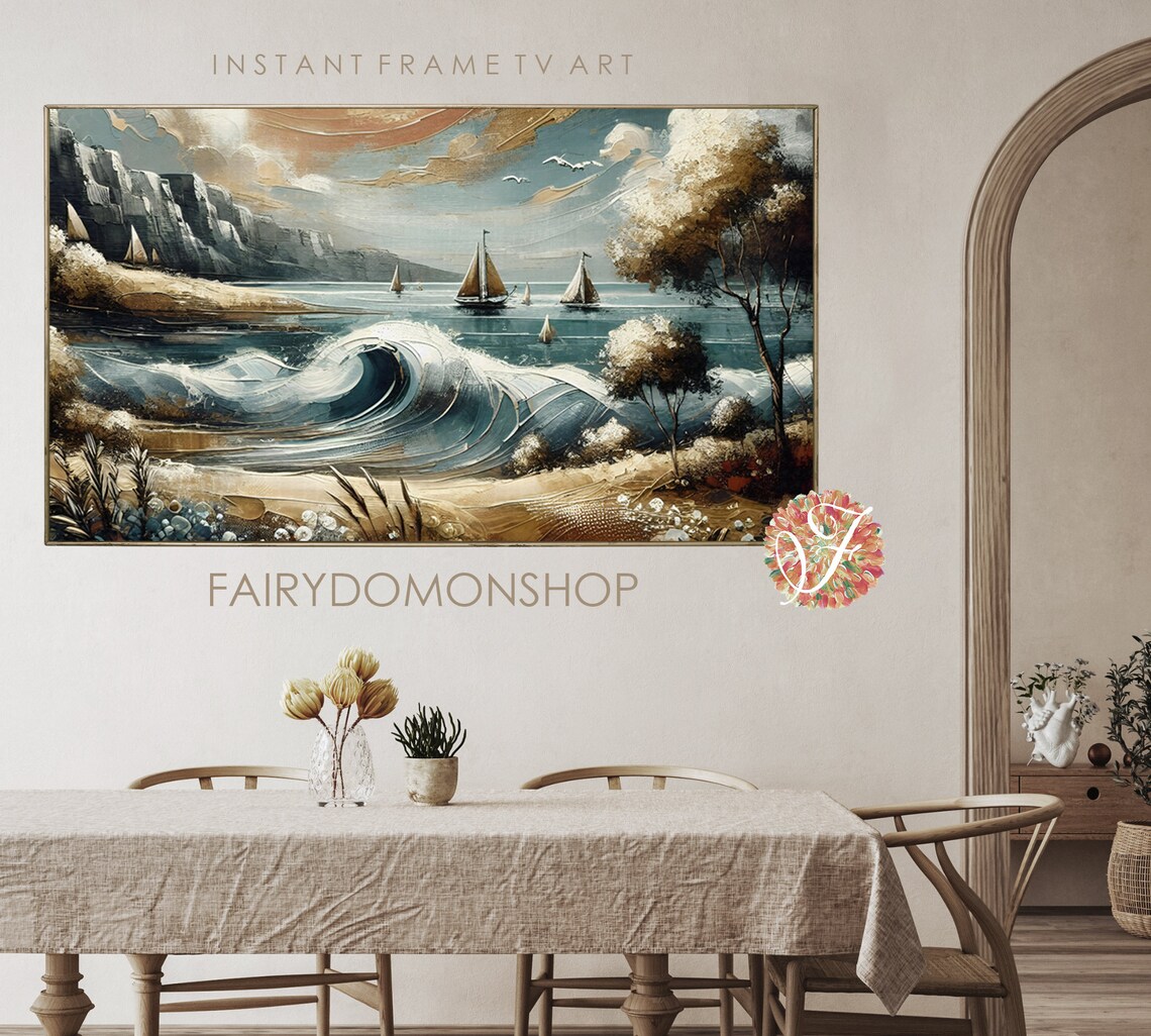 Sailboats Ocean Waves Coastal Cliffs Seascape Oil Painting Poster - Image 2