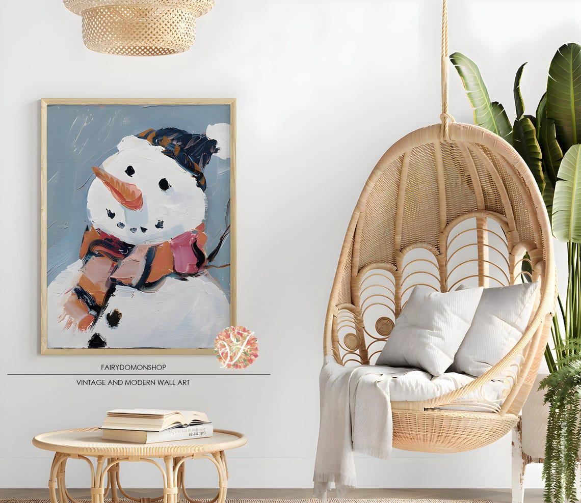 Happy Snowman Carrot Nose Poster Striped Hat Winter Holiday Decor Art - Image 2