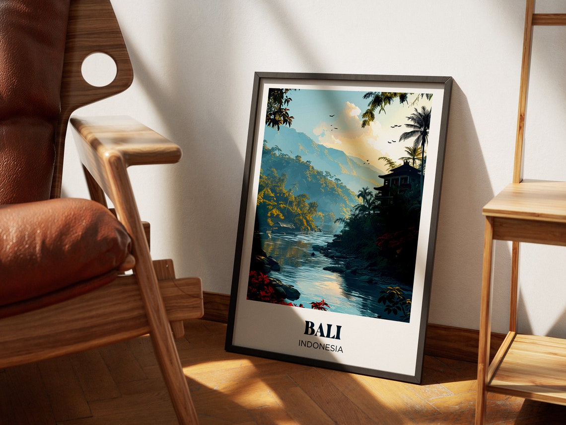 Bali Indonesia Jungle River Temple Volcano View Travel Poster - Image 3
