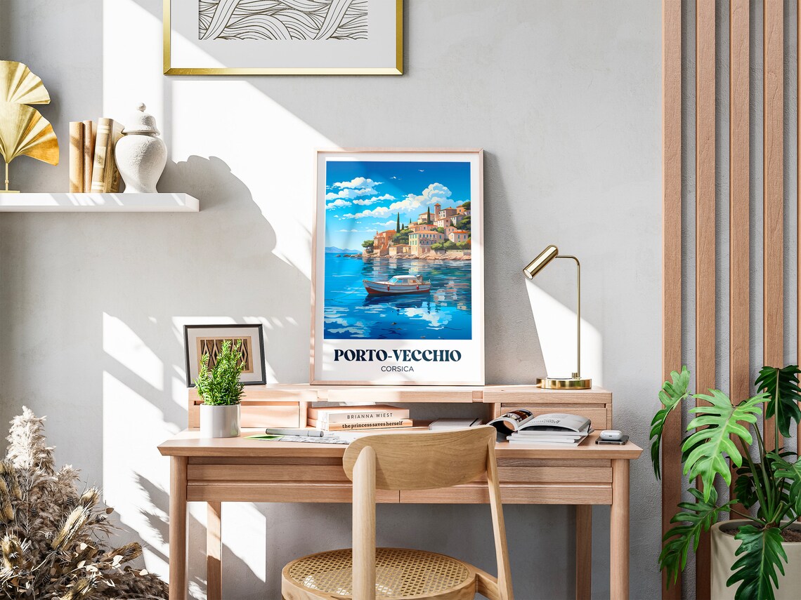 Porto Vecchio Corsica Hillside Town Motorboat Bay Retro Travel Poster - Image 3