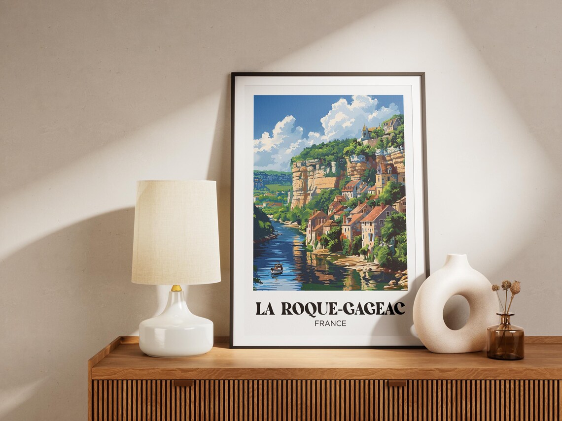 La Roque-Gageac France Cliffside Village River Canoe Travel Poster - Image 3