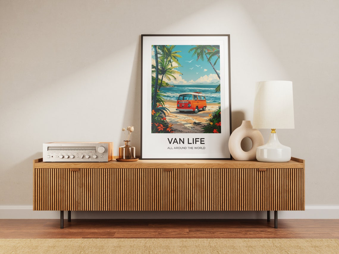 Van Life Retro Camper Van on Tropical Beach Travel Adventure Poster - Image 3