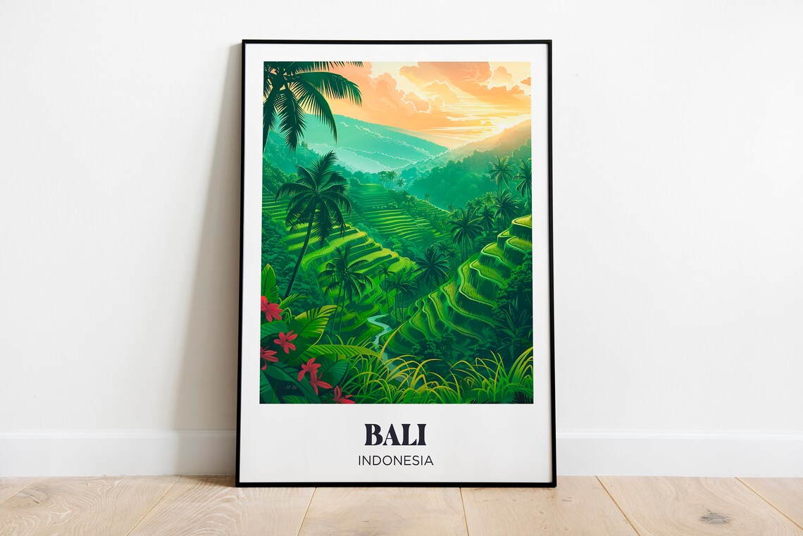 Bali Watercolor Travel Poster, Palm Trees and Flowers