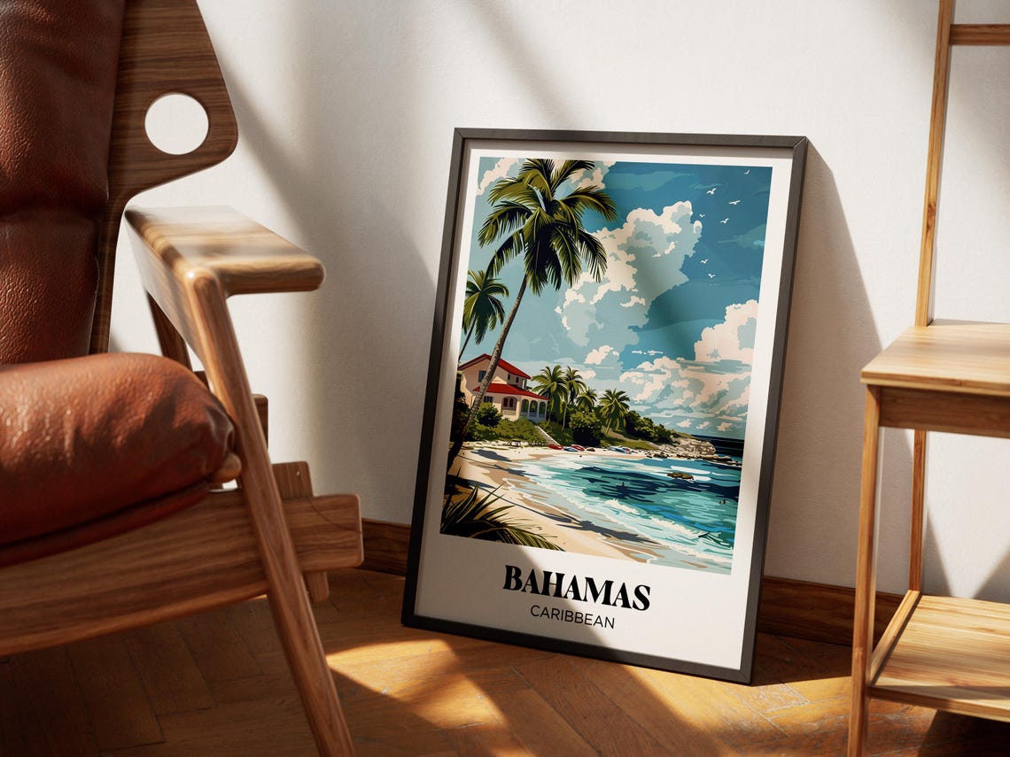 Bahamas Caribbean Beach House Palm Waves Kayaks Retro Travel Poster - Image 2