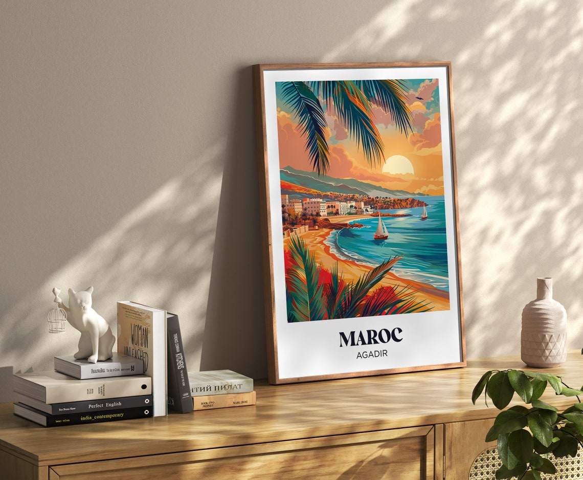 Agadir Morocco Sunset Beach Sailboats Palm Trees Travel Poster - Image 4