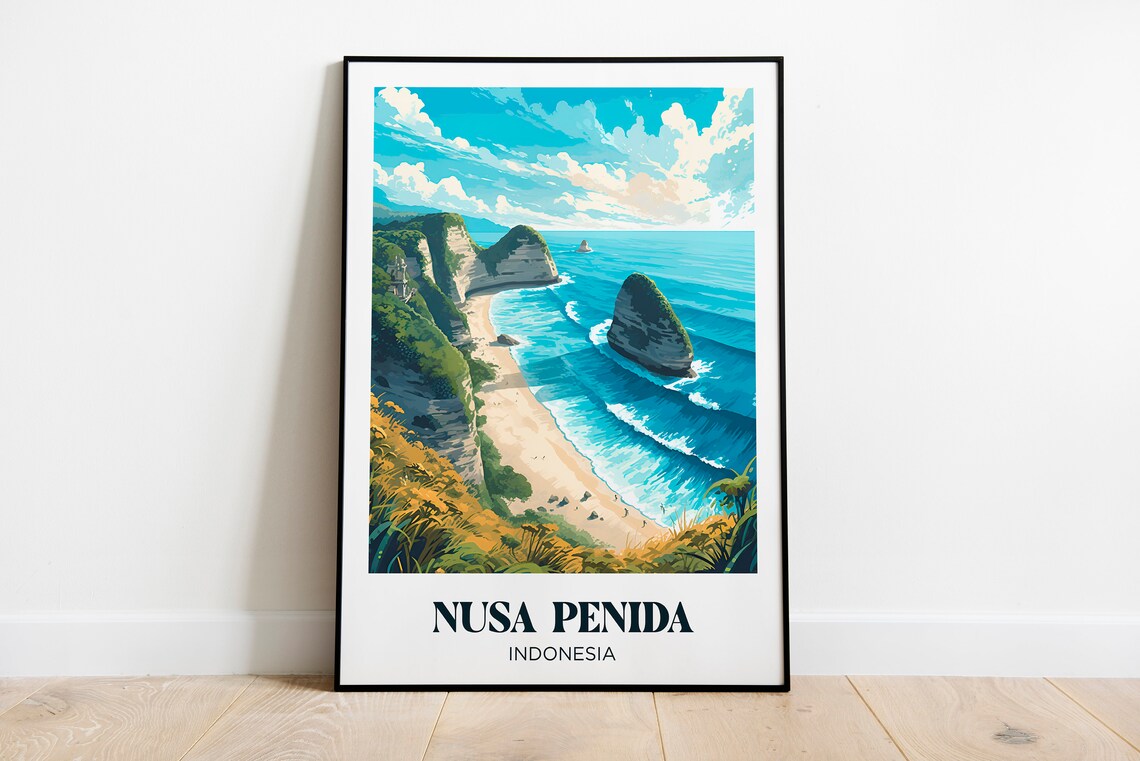 Nusa Penida Indonesia Cliff Beach Sea Stacks Island Travel Poster