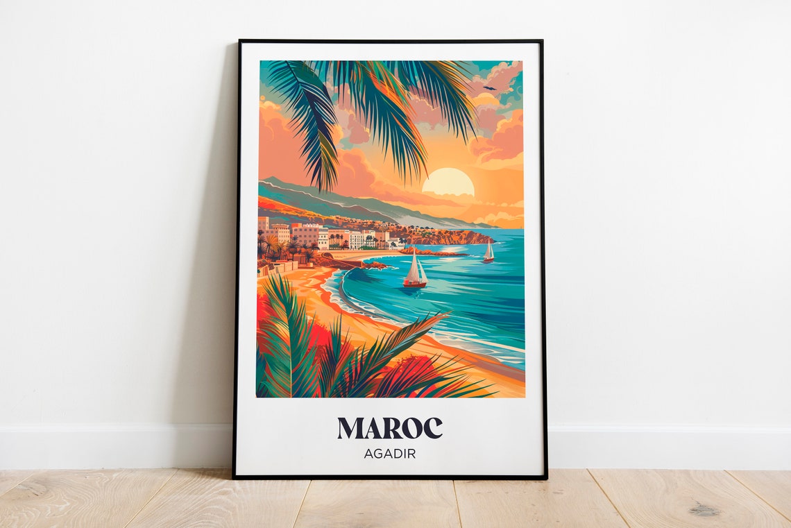 Agadir Morocco Sunset Beach Sailboats Palm Trees Travel Poster
