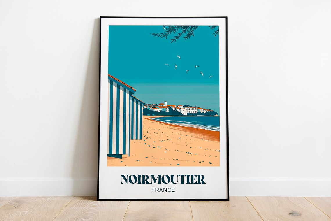Noirmoutier France Striped Beach Cabins Coastal Town Travel Poster