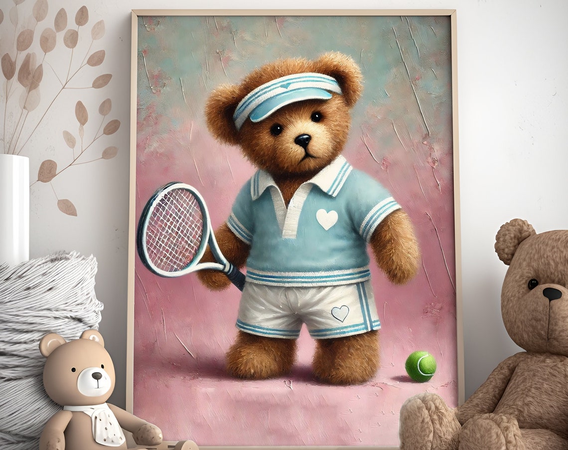 Cute Teddy Bear Tennis Player Pink Background Nursery Poster