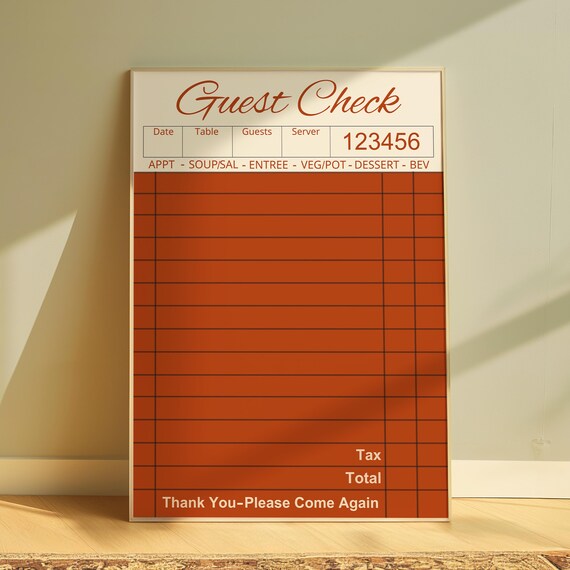 Burnt Orange Guest Check Script Vintage Restaurant Kitchen Wall Poster