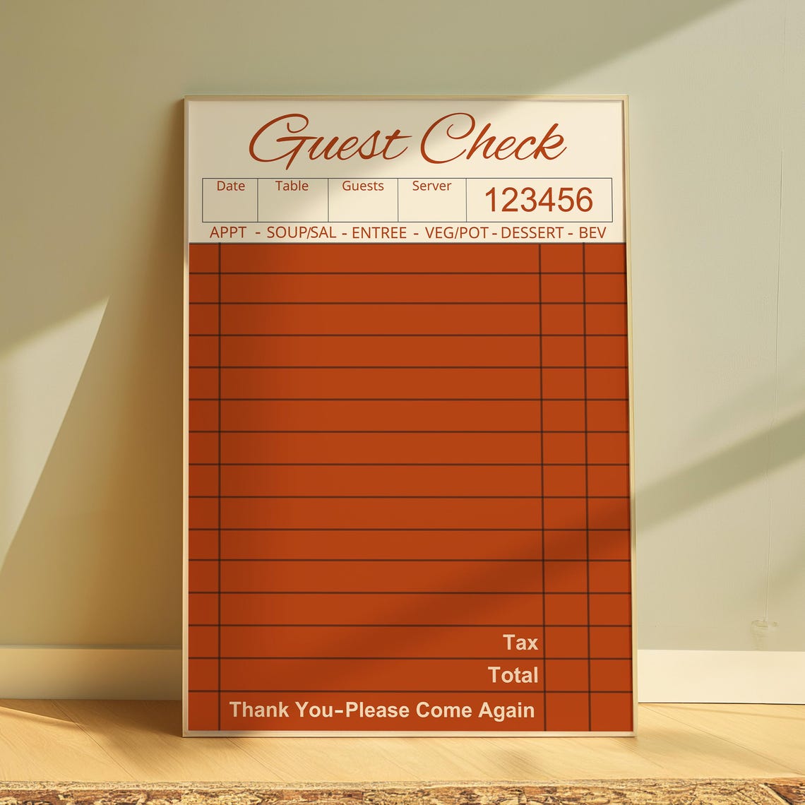Burnt Orange Guest Check Script Vintage Restaurant Kitchen Wall Poster