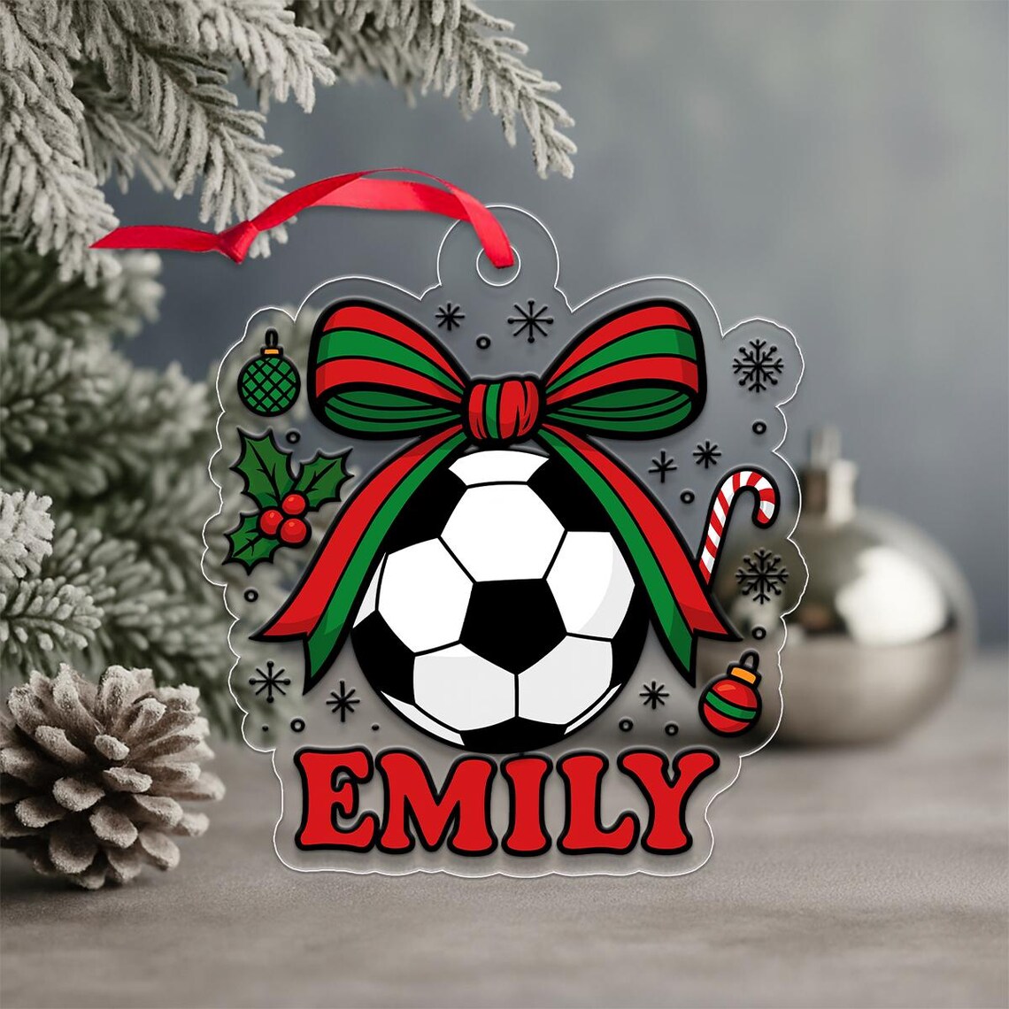 Personalized Soccer Christmas Ornament EMILY Acrylic Bow Design Print Gift