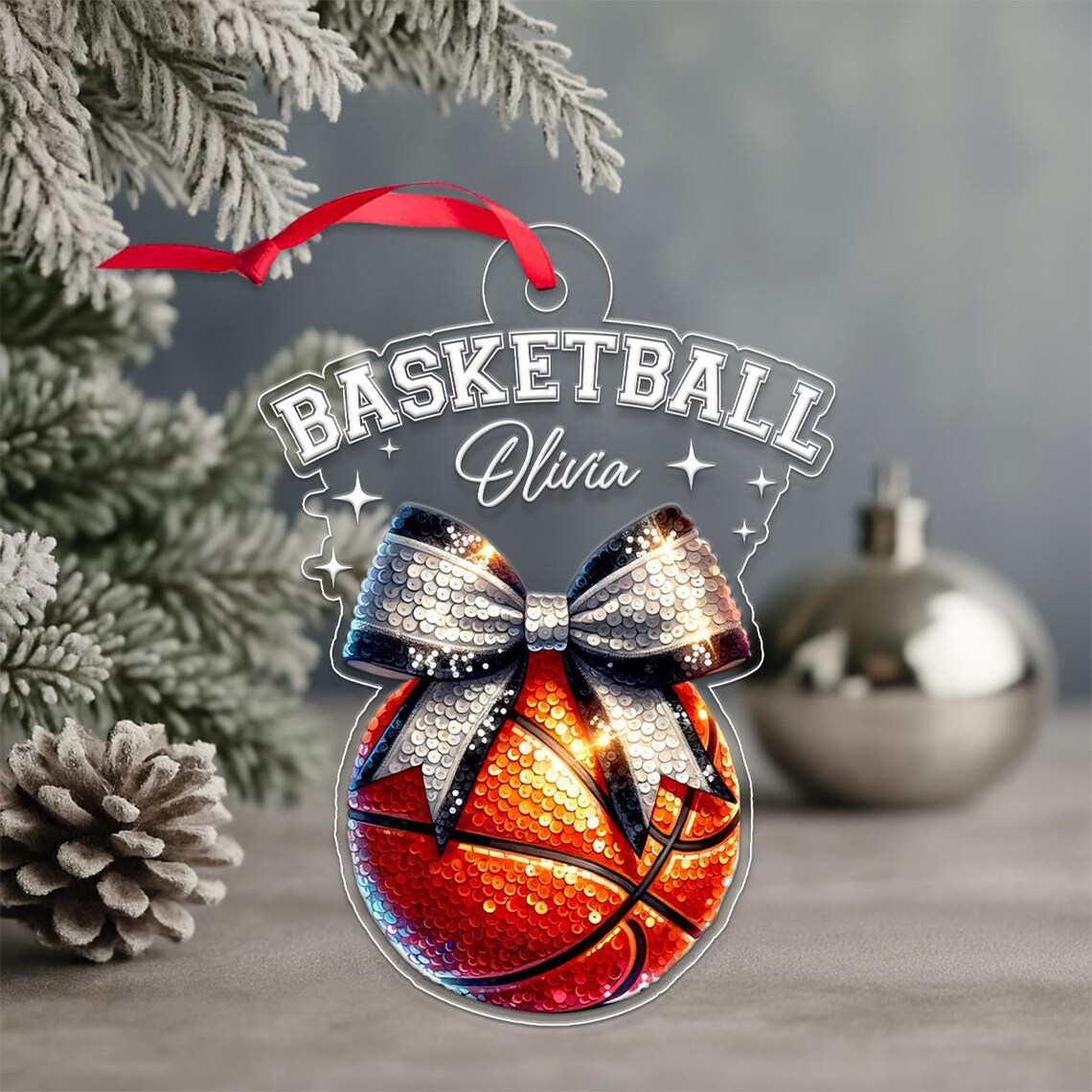 Sequin Basketball Bauble Silver Bow Custom Name Ornament Poster