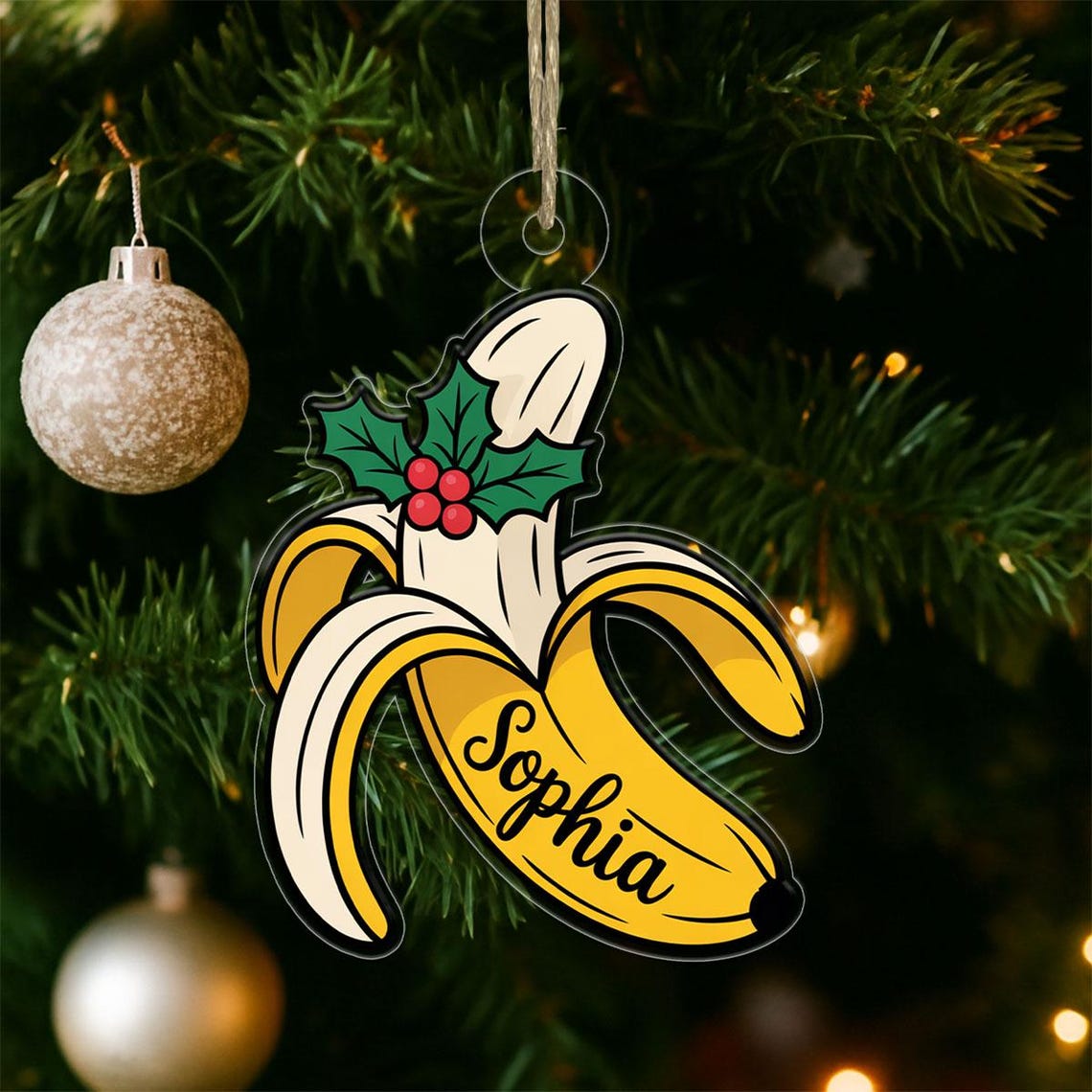 Personalized Sophia Banana Holly Christmas Ornament Art Print