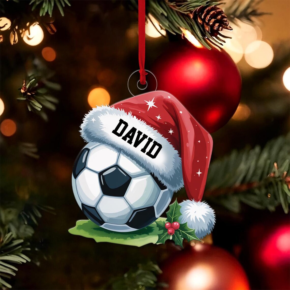 Personalized Soccer Santa Hat Christmas Ornament Custom Name Holiday Poster