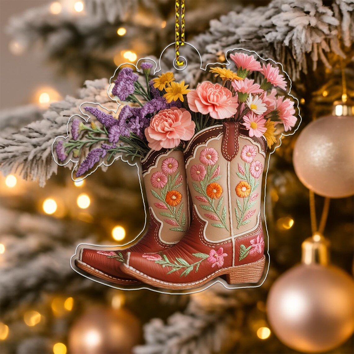 Personalized Floral Cowgirl Boots Bouquet Western Ornament Print