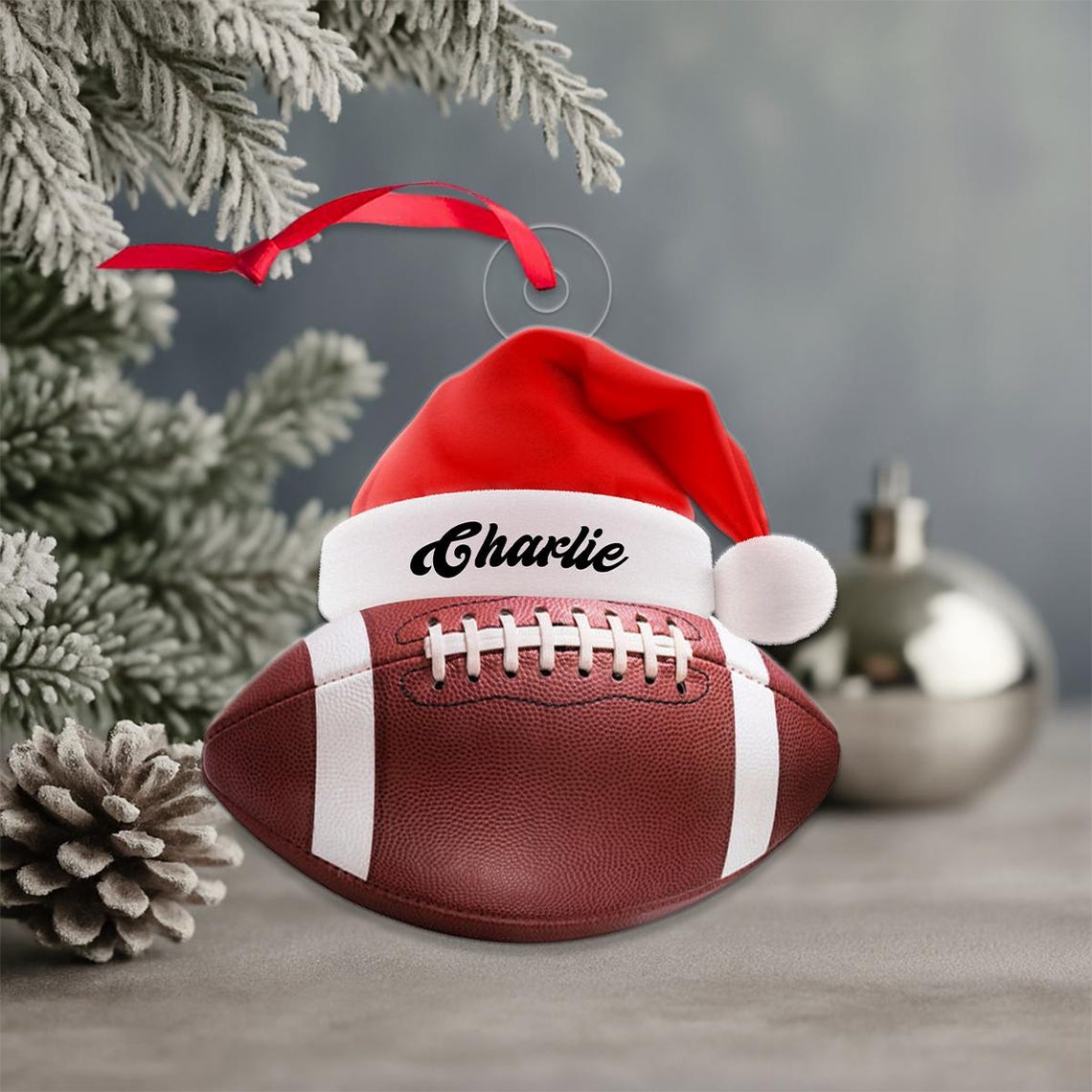 Personalized Charlie Football Santa Hat Christmas Ornament Poster